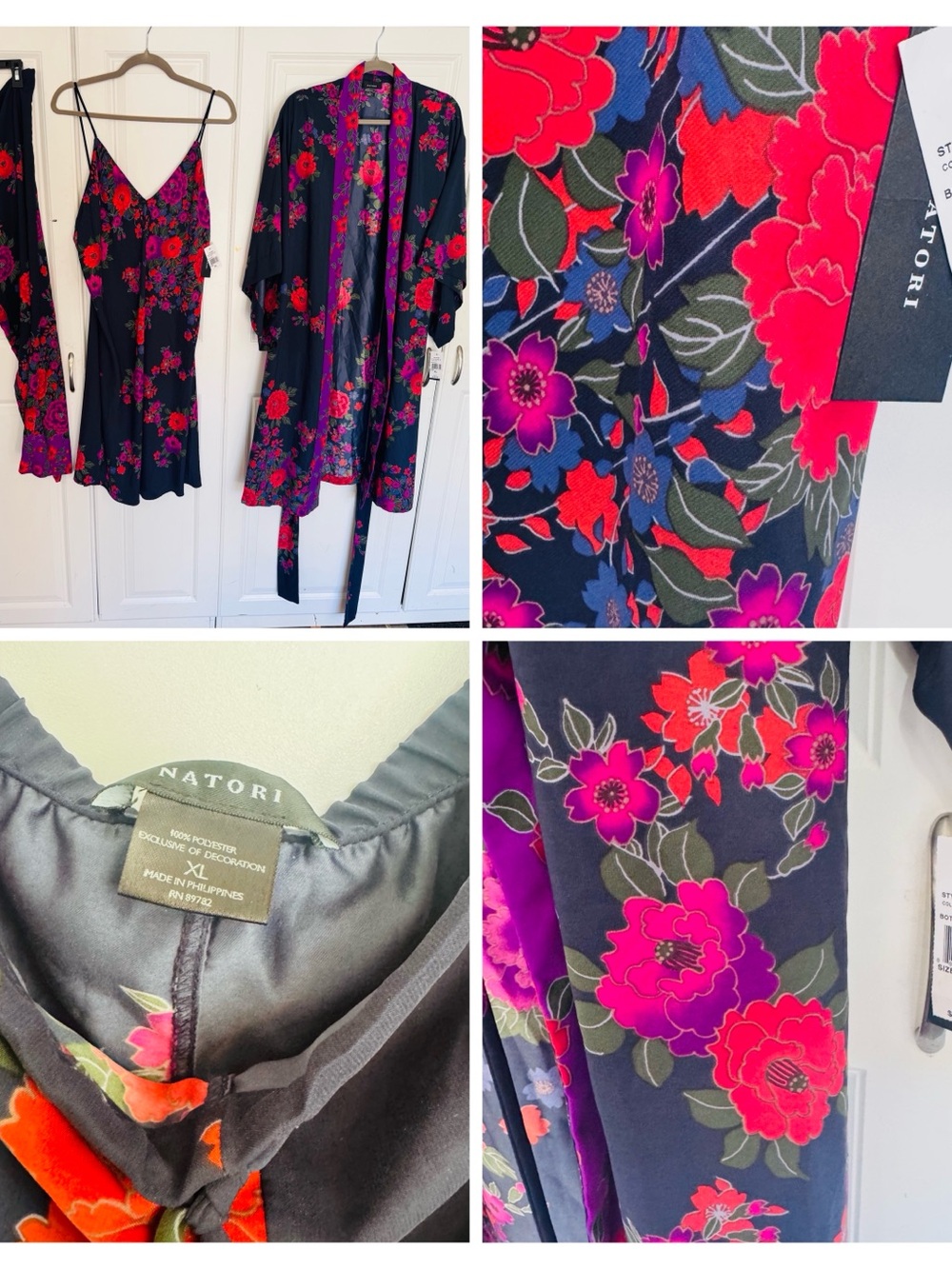 Natori Black Floral Slip Dress and Kimono Set - Pink & Red Floral